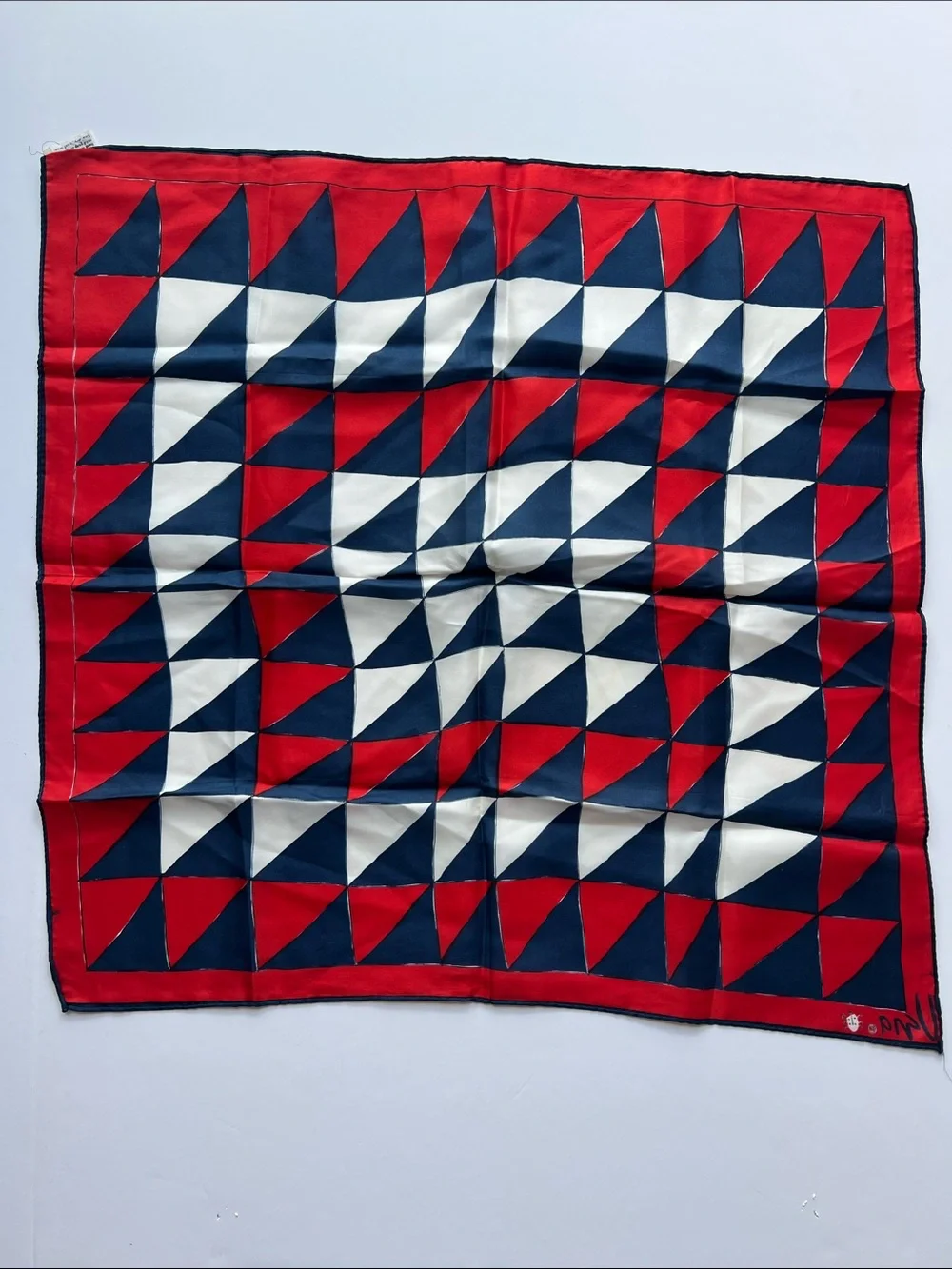 Vintage Vera Neumann Geometric Red Navy white Scarf made in Japan 22” square